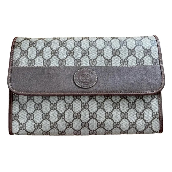 Gucci Handbags - Authentic Vintage Gucci Brown Monogram Canvas Leather Flap Crossbody Clutch Bag
